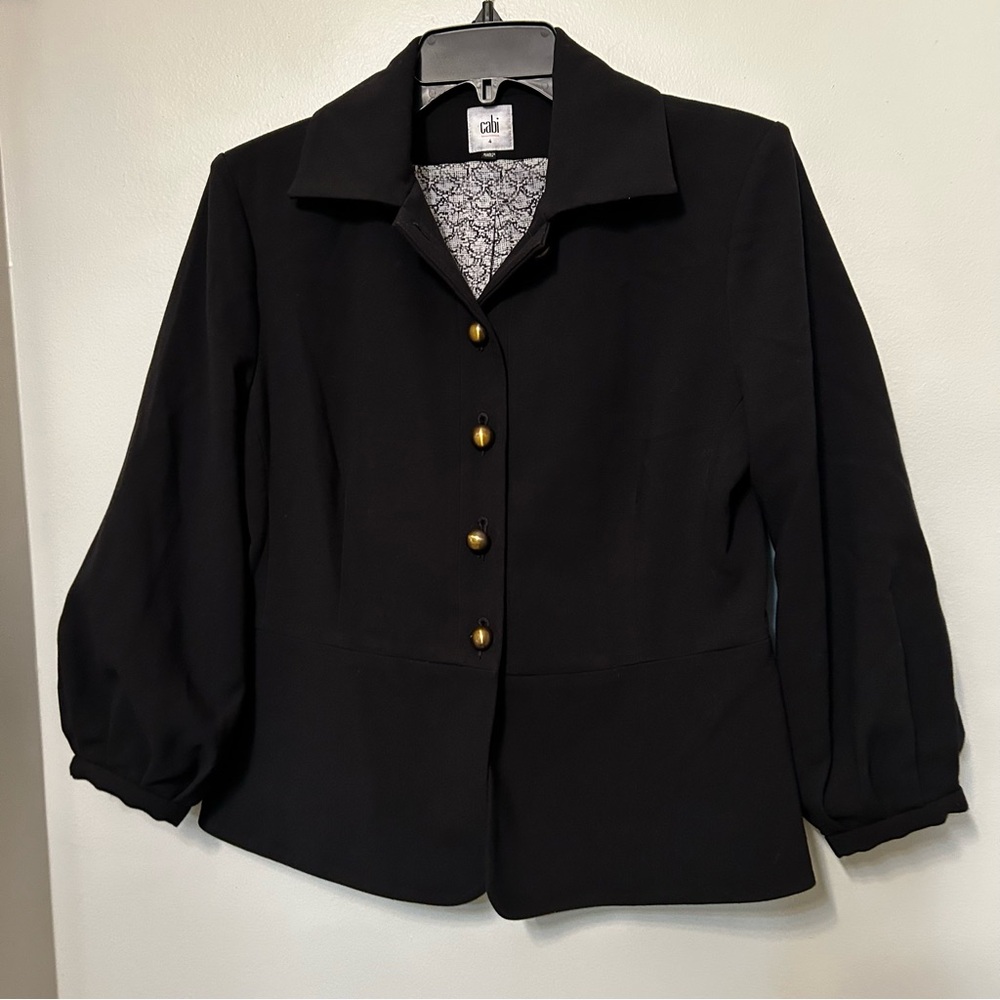 Cabi Abbott Jacket Women's Sz 4 Black Collared Brass Button Peplum Stretch #3027